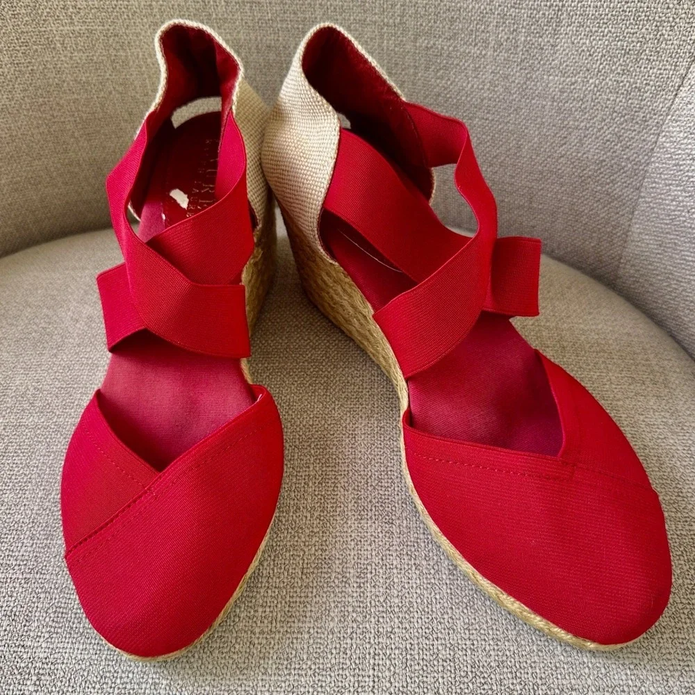 Lauren Ralph Lauren Red Espadrille Wedge Sandals Elastic Straps
